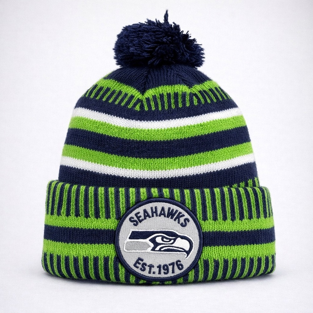 New Era Seattle‎ Seahawks Knit Beanie Pom Hat NFL 100th On Field OSFA